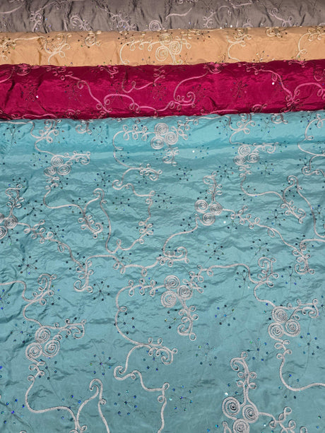 Sequins Ribbon Taffeta Polyester Fabric - Flower Swirl Embroidery With Sequins, 54" Width, Multiple Colors (1 Yard)