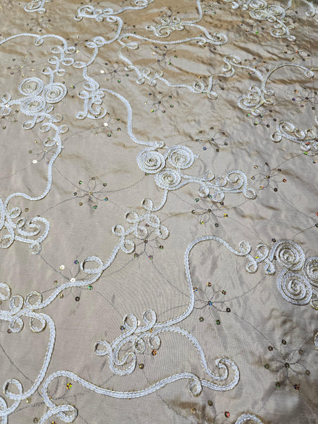Sequins Ribbon Taffeta Polyester Fabric - Flower Swirl Embroidery With Sequins, 54" Width, Multiple Colors (1 Yard)