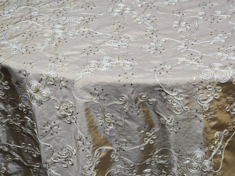 Sequins Ribbon Taffeta Polyester Fabric - Flower Swirl Embroidery With Sequins, 54" Width, Multiple Colors (1 Yard)