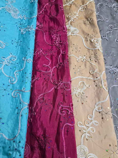 Sequins Ribbon Taffeta Polyester Fabric - Flower Swirl Embroidery With Sequins, 54" Width, Multiple Colors (1 Yard)