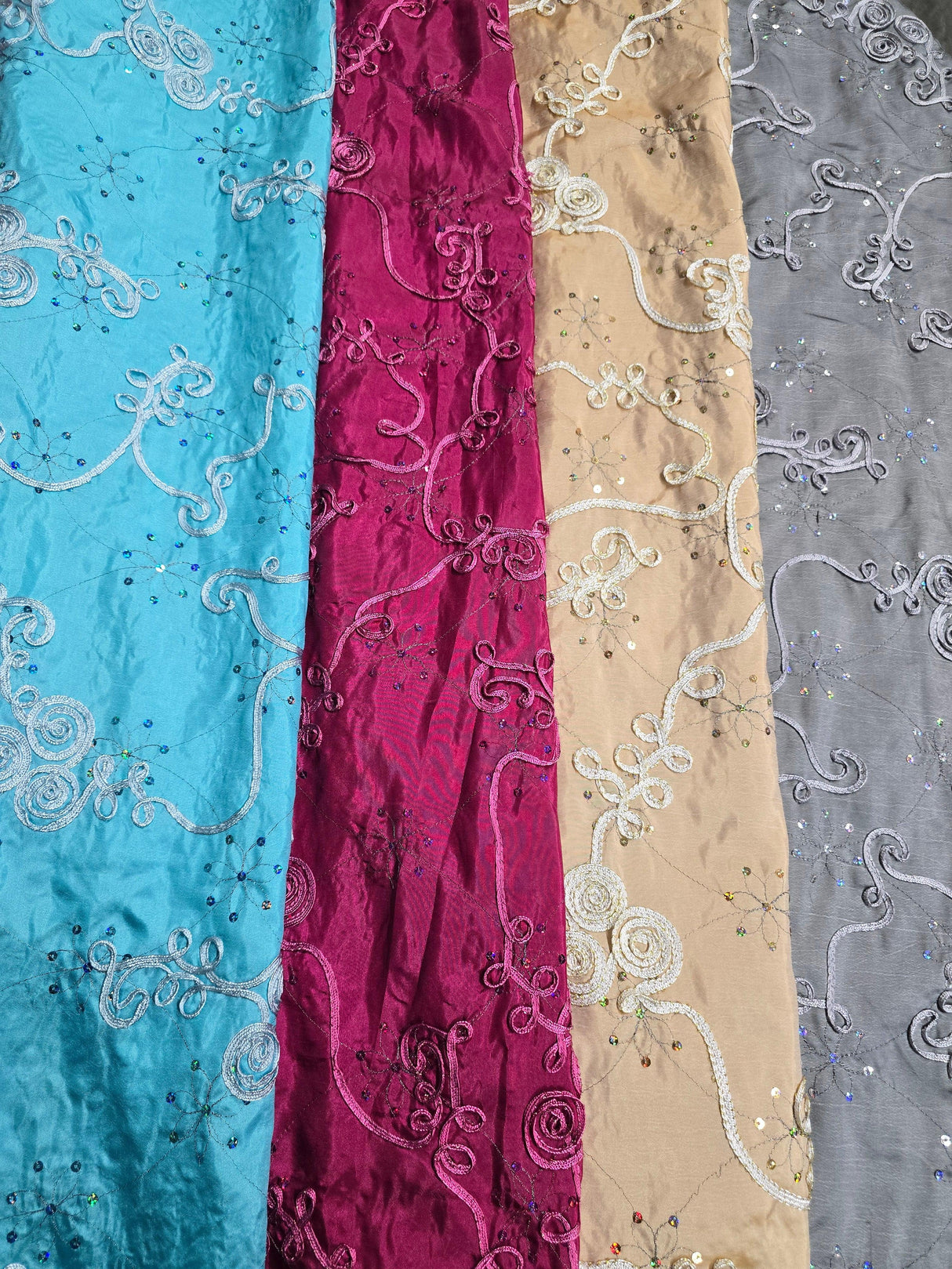 Sequins Ribbon Taffeta Polyester Fabric - Flower Swirl Embroidery With Sequins, 54" Width, Multiple Colors (1 Yard)