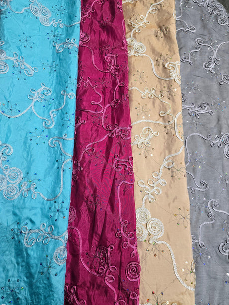 Sequins Ribbon Taffeta Polyester Fabric - Flower Swirl Embroidery With Sequins, 54" Width, Multiple Colors (1 Yard)