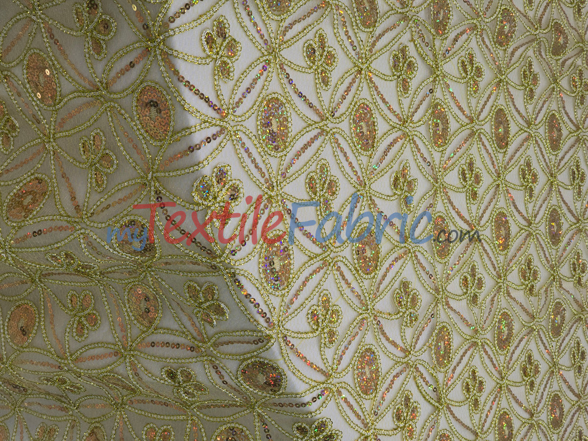 Coco Star Sheer Embroidery Fabric - Champagne, Gold, Silver Star Sequins, Double Scallop Lace, 52" Width