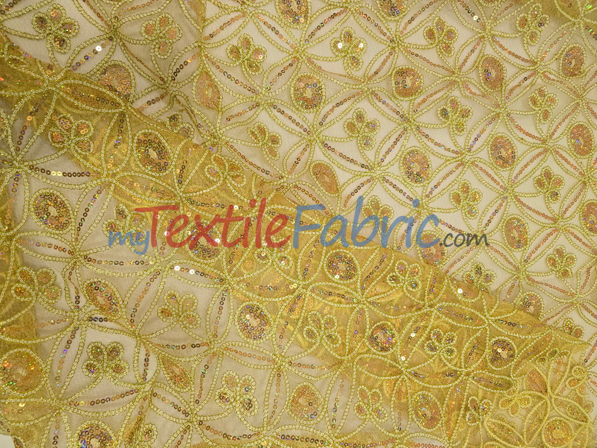 Coco Star Sheer Embroidery Fabric - Champagne, Gold, Silver Star Sequins, Double Scallop Lace, 52" Width