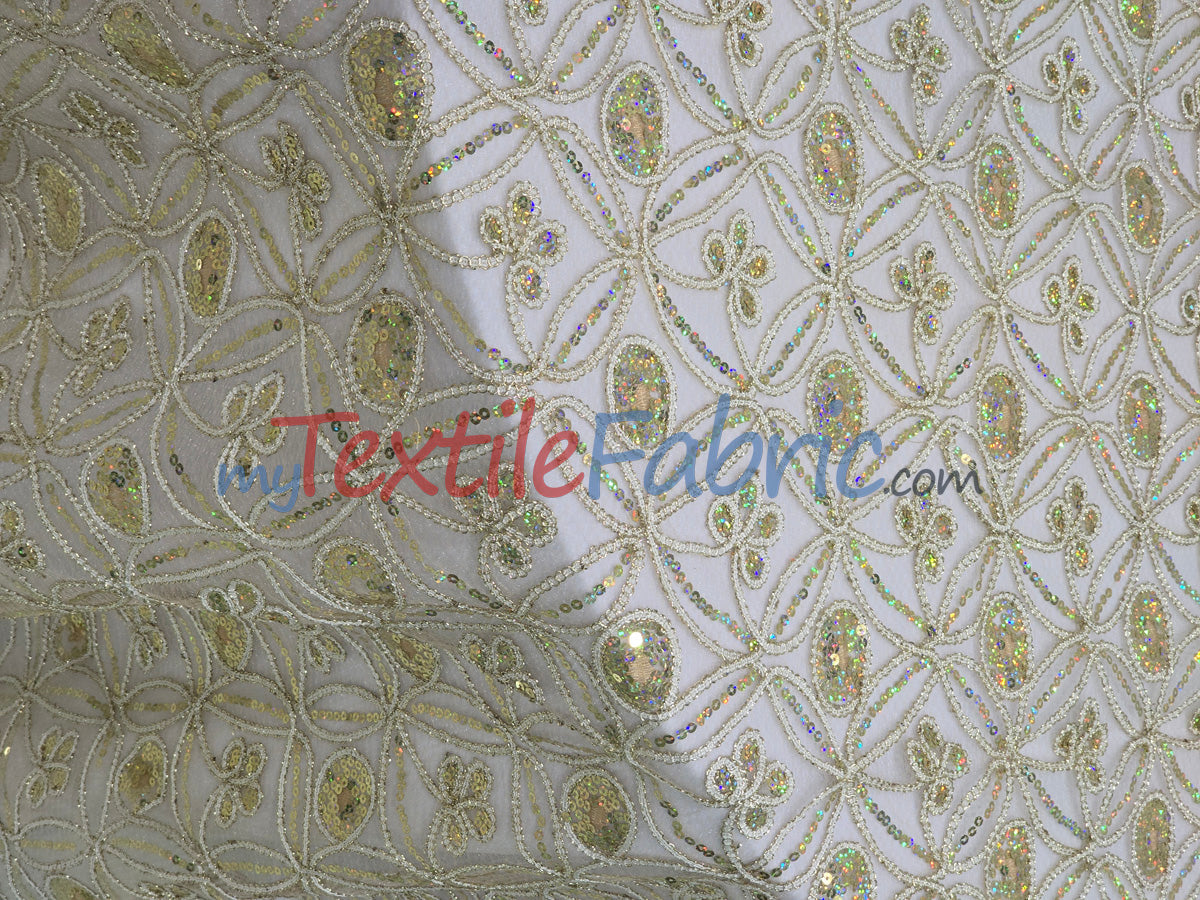 Coco Star Sheer Embroidery Fabric - Champagne, Gold, Silver Star Sequins, Double Scallop Lace, 52" Width
