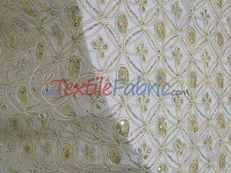 Coco Star Sheer Embroidery Fabric - Champagne, Gold, Silver Star Sequins, Double Scallop Lace, 52" Width