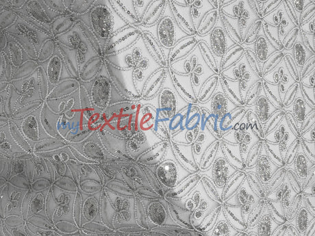 Coco Star Sheer Embroidery Fabric - Champagne, Gold, Silver Star Sequins, Double Scallop Lace, 52" Width