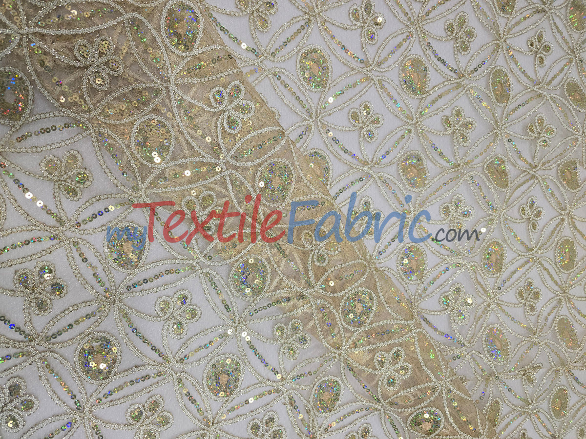 Coco Star Sheer Embroidery Fabric - Champagne, Gold, Silver Star Sequins, Double Scallop Lace, 52" Width