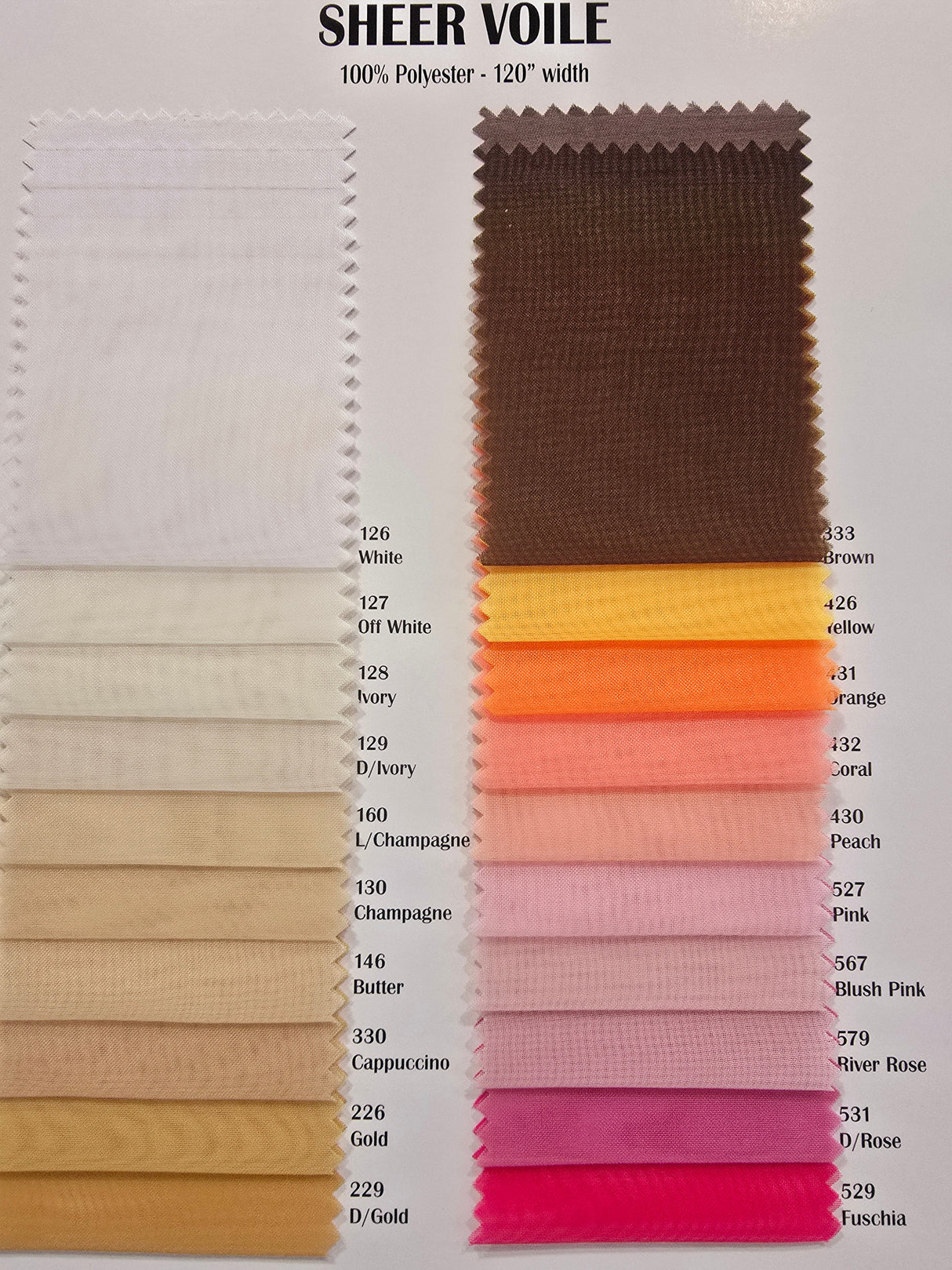 IFR Sheer Voile Polyester Fabric - 40 Colors, Sheer, 120" Wide, 120 Yard Bolt (1 Bolt)