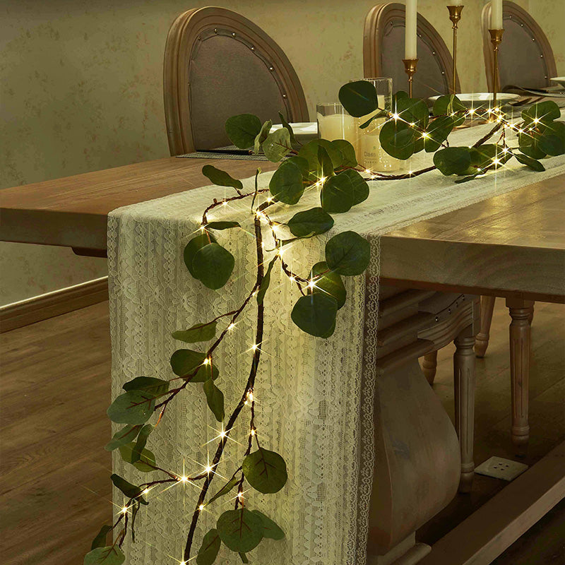 96LT Eucalyptus Garland, 72 Inch LED Willow & Cherry Blossom Branches, Battery Operated with Timer