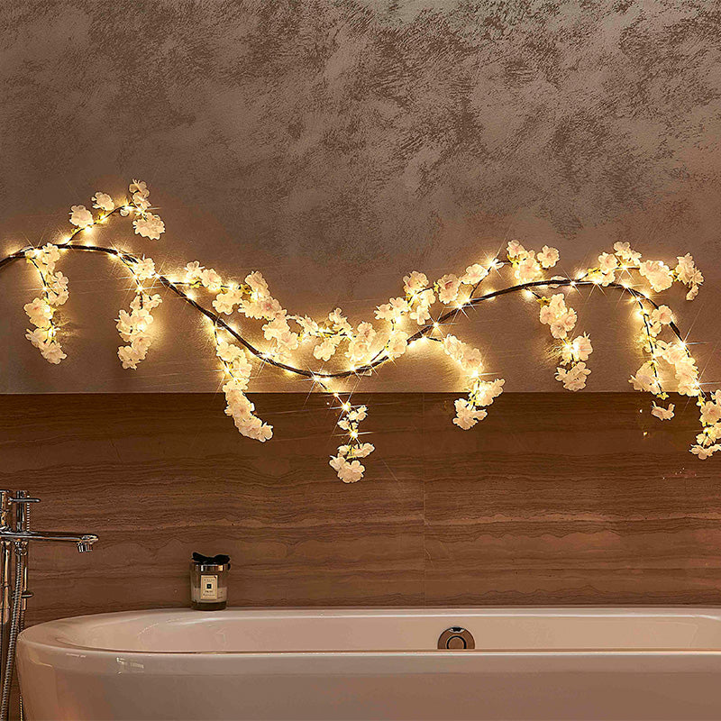 96LT Pink & White Cherry Blossom Garland, 72 Inch Battery Operated LED Fairy Lights with Timer