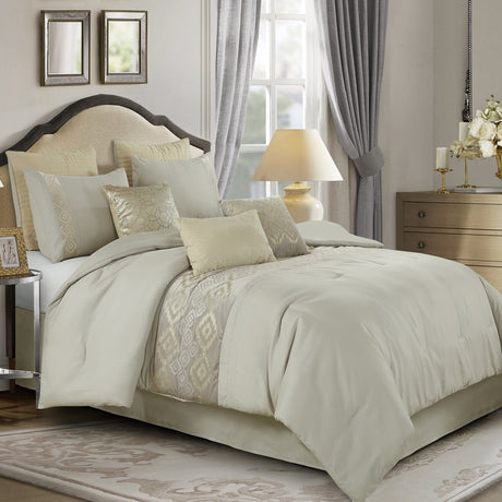 9 Pieces Beige Jacquard Comforter & Bed Skirt Set