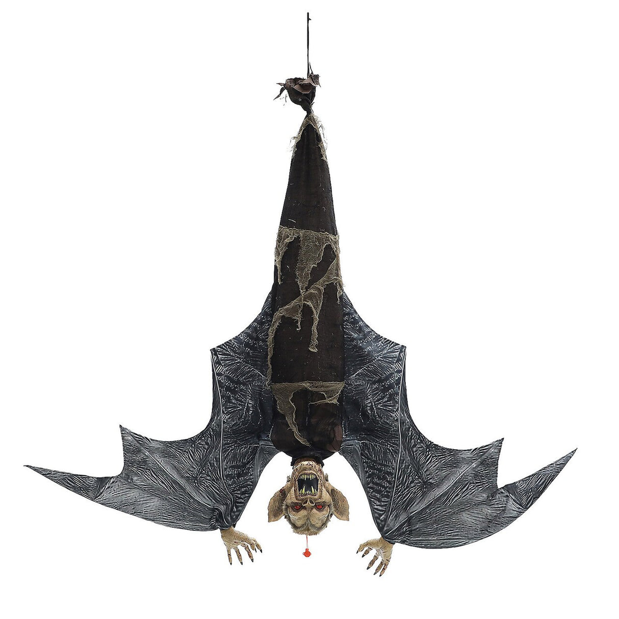 46" Menacing Hanging Bat Prop LED Eyes, Screeching Sounds, Moving Wings, Battery Operated Halloween Decor