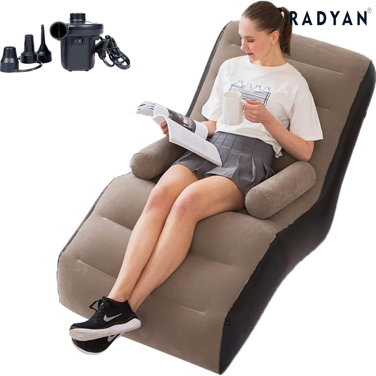 Inflatable Brown Sofa Chair with Air Pump Foldable Lounge with Armrests for Indoor Outdoor Use