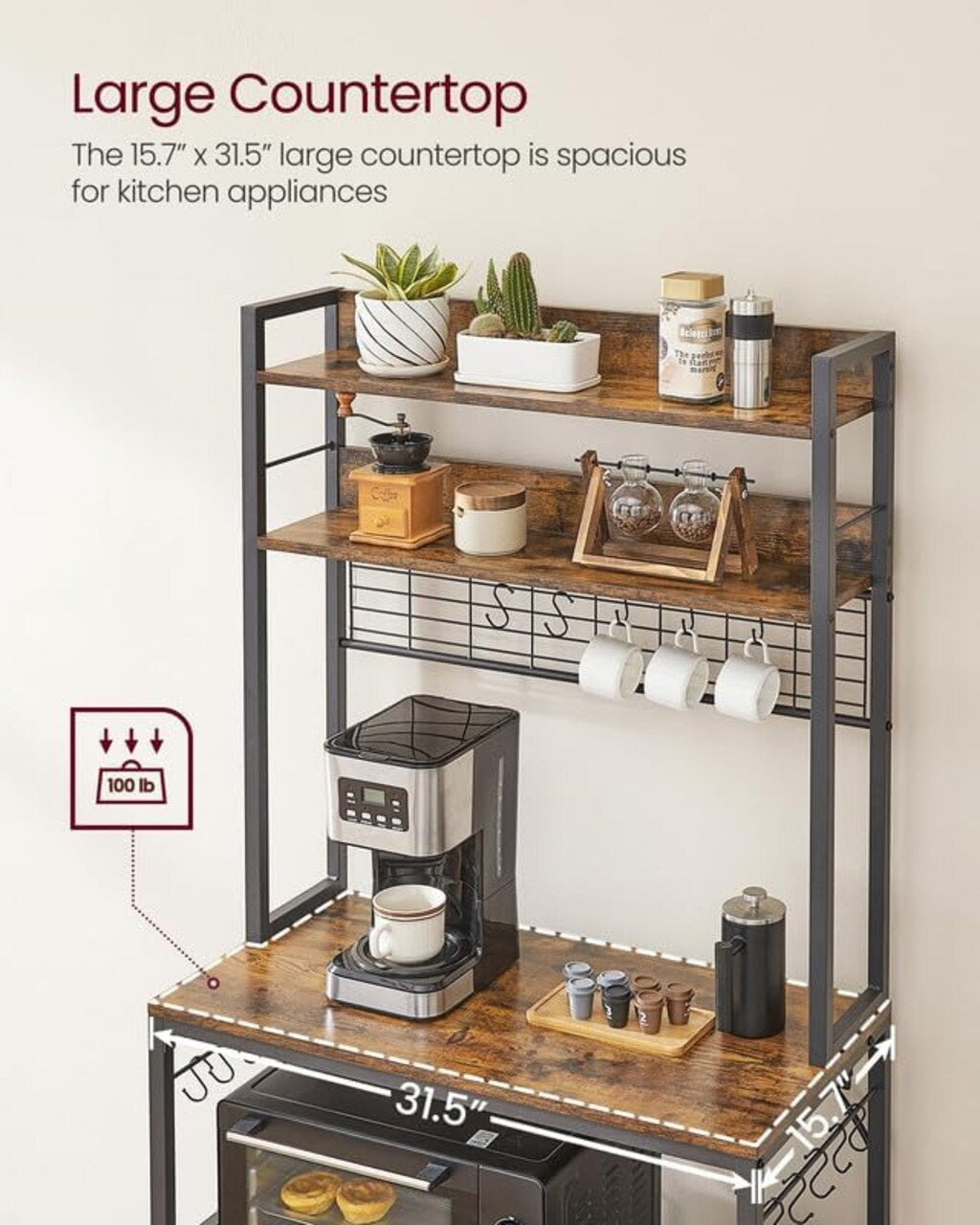 VASAGLE 5-Tier Bakers Rack with Power Outlet – Kitchen Storage Shelf, Rustic Brown & Black