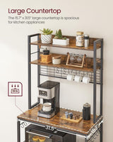 VASAGLE 5-Tier Bakers Rack with Power Outlet – Kitchen Storage Shelf, Rustic Brown & Black