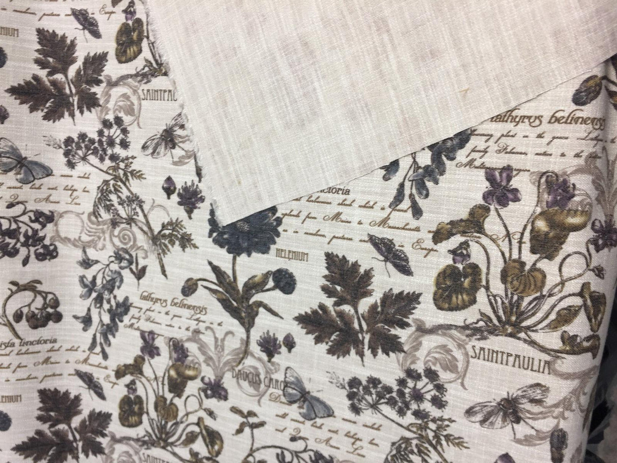 Scripture French Floral Linen Blend Upholstery Fabric - French Floral Scripture Print, 54" Width (By The Yard)