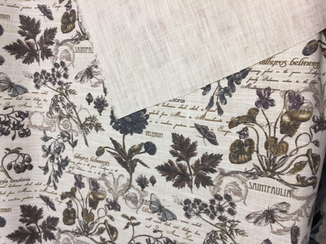 Scripture French Floral Linen Blend Upholstery Fabric - French Floral Scripture Print, 54" Width (By The Yard)