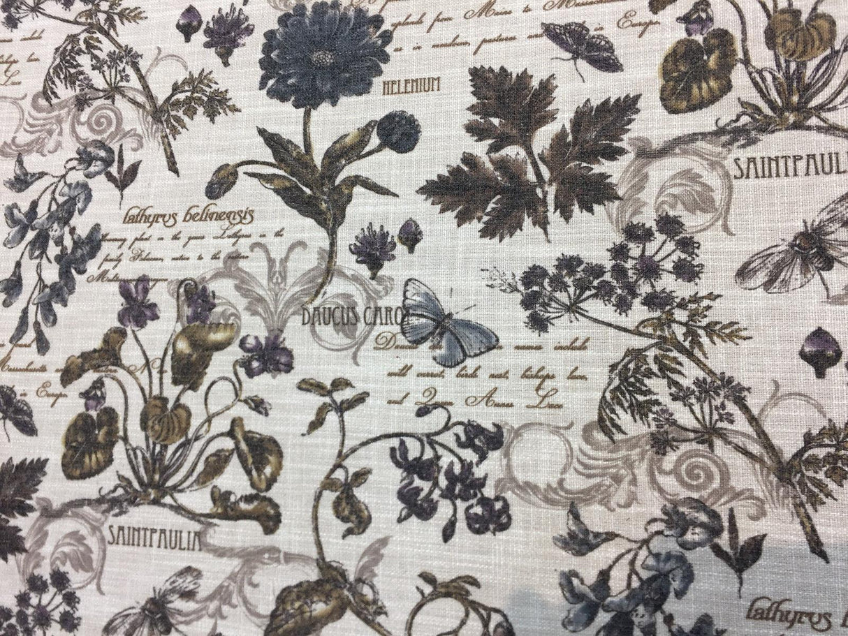 Scripture French Floral Linen Blend Upholstery Fabric - French Floral Scripture Print, 54" Width (By The Yard)