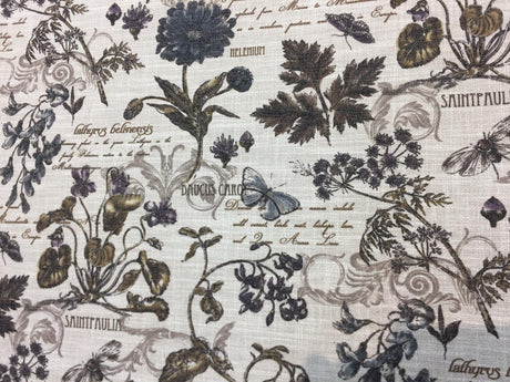 Scripture French Floral Linen Blend Upholstery Fabric - French Floral Scripture Print, 54" Width (By The Yard)
