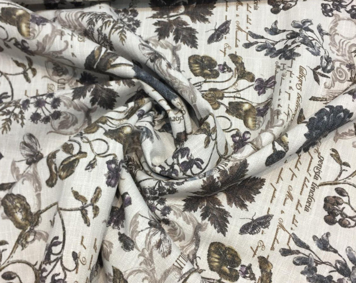 Scripture French Floral Linen Blend Upholstery Fabric - French Floral Scripture Print, 54" Width (By The Yard)