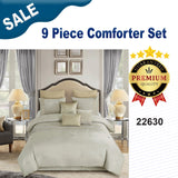 9 Pieces Beige Jacquard Comforter & Bed Skirt Set