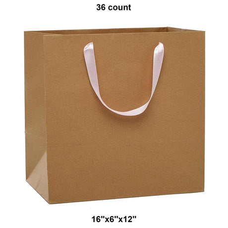 Heavy Kraft Euro Totes with Satin Ribbon Handles 16''x6''x12'' Light Pink Color 12 EACH / PACKAGE
