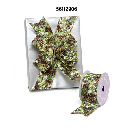 Classic Pinecones & Foliage Natural Wired Ribbon  2.5" x 10 Yards