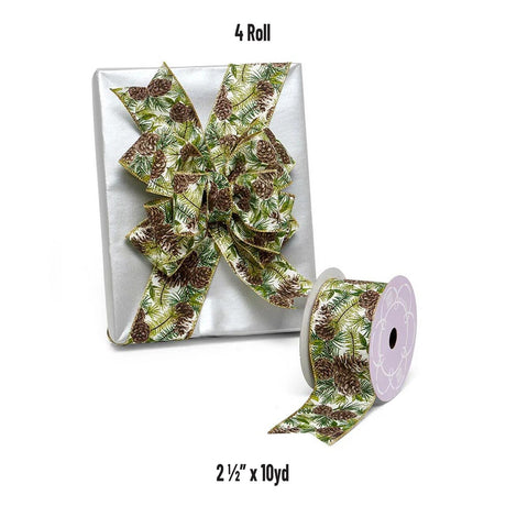 Classic Pinecones & Foliage Natural Wired Ribbon  2.5" x 10 Yards