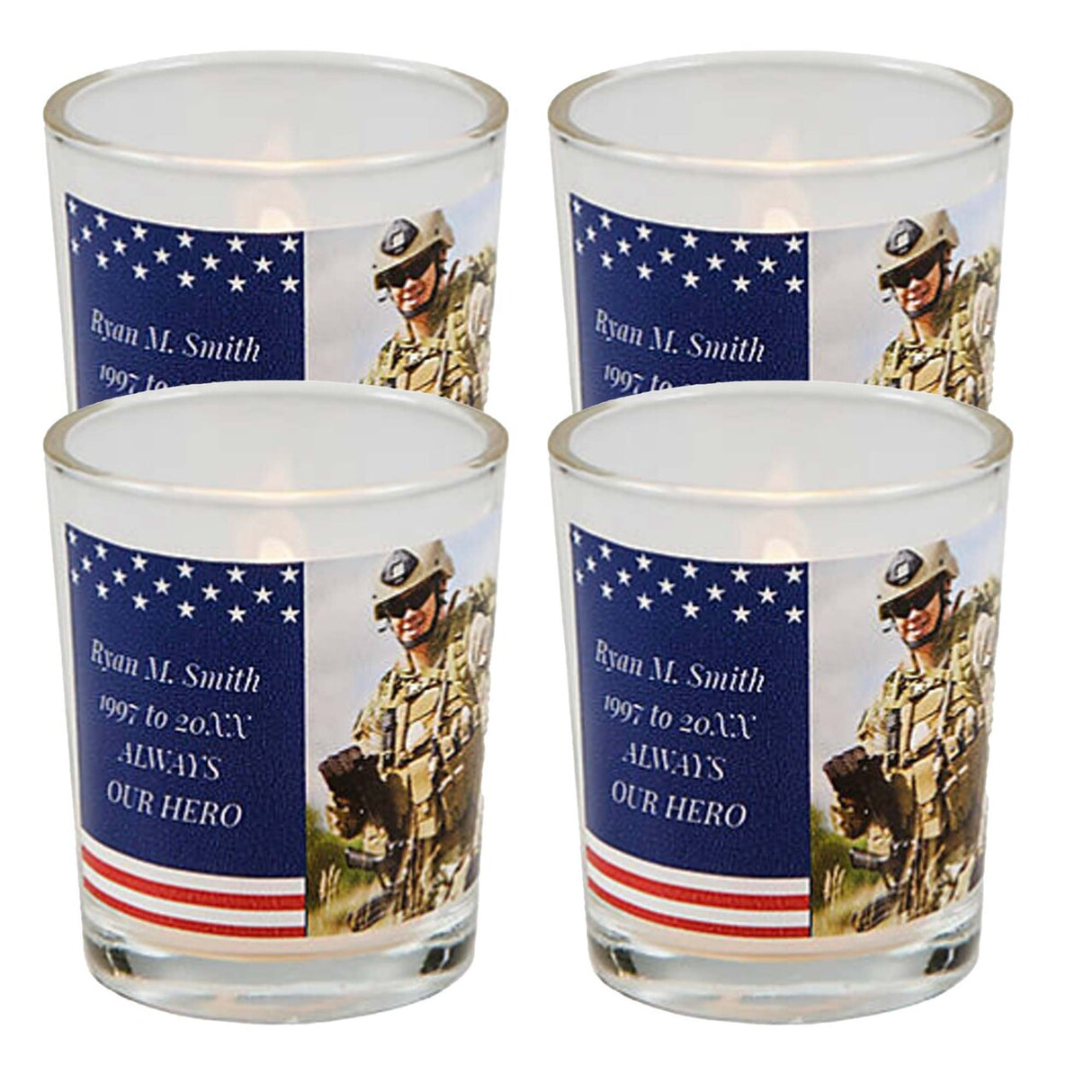 2 1/2" Personalized Patriotic Photo Memorial Votive Holders 12 Pieces