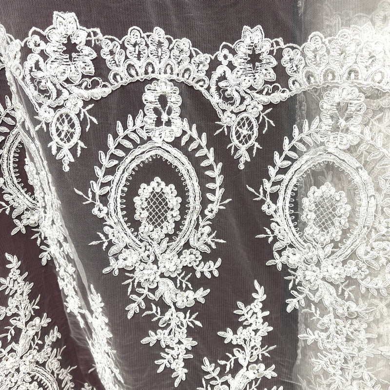 1 Yard 48" Wide Beaded & Corded Lace Fabric Embroidered on 100% Polyester Net Mesh