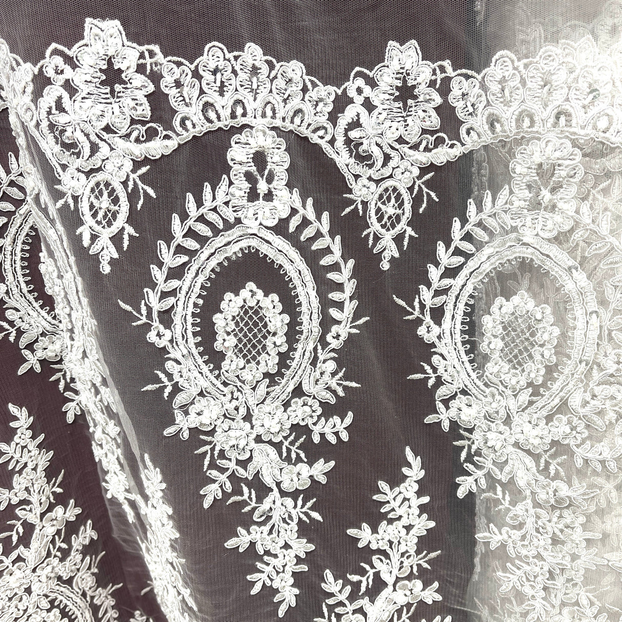 Beaded Corded Lace Mesh White
