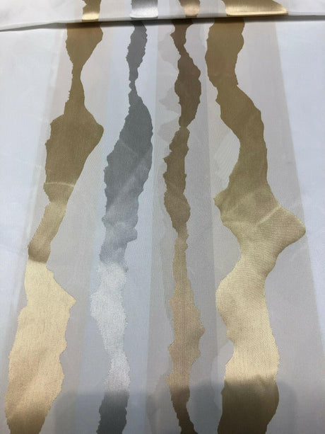 P Kaufmann Geoscape Stripe White Gold Woven Fabric - White, Gold And Silver Stripe, 118" Width (1 Yard)