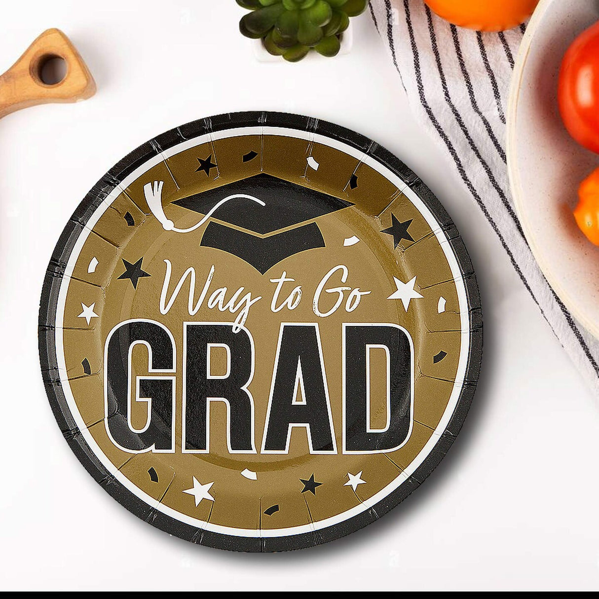 25 Count Gold Graduation Dessert Plates Disposable Party Plates for Grads 7 1/4 Inch