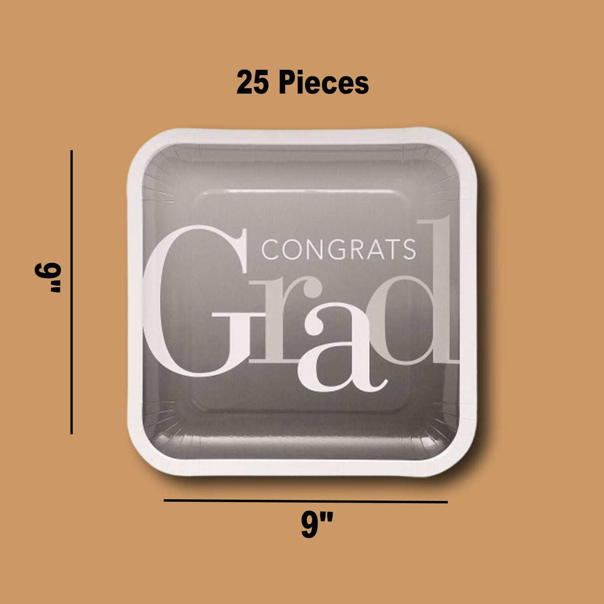 25 Count Graduation Party Elevated Square Paper Dinner Plates Soft Gray 9 Inch
