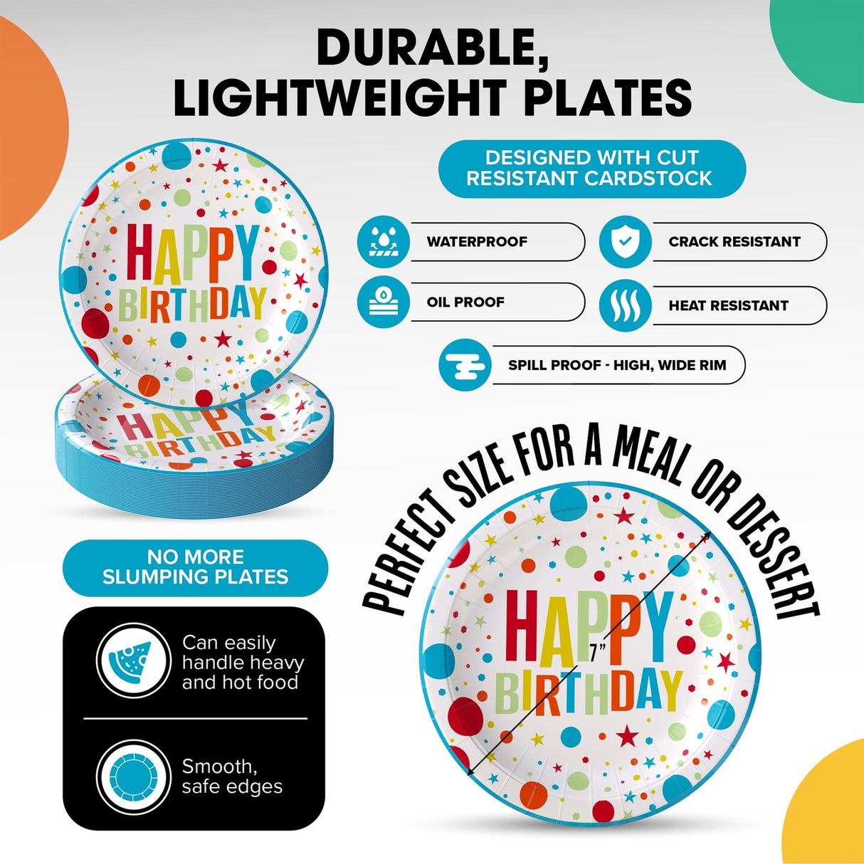 1000 Count Birthday Paper Plates Bulk with Colorful Print for Parties, Kids Events, 7"