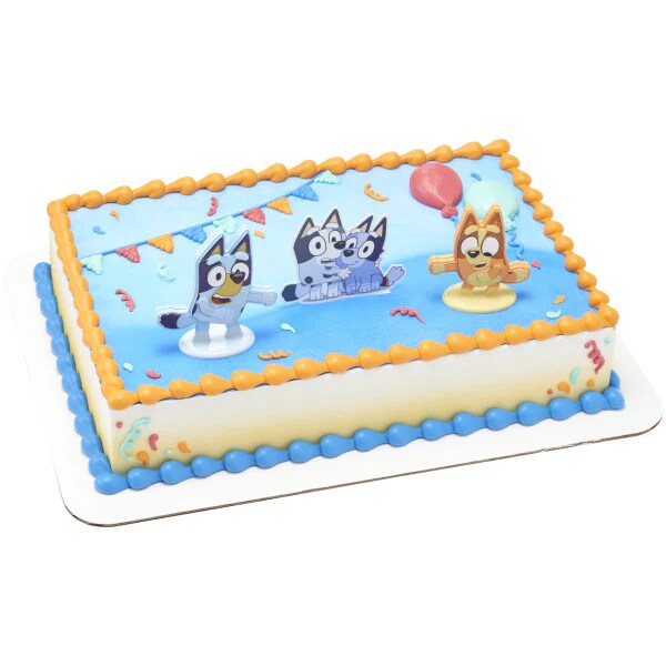 Bluey Dance Mode Cake Toppers, 3 Piece Cake Decoration with Bluey and Bingo Figurines and Muffin & Socks Poly Pic, For Birthday, Parties, Celebration