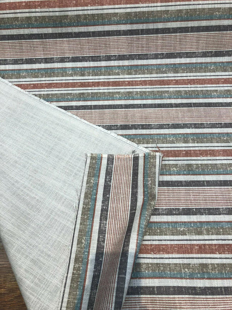 Fabricut Sassi Patina Polyester Fabric - Beige Rust Light Teal Antique Gold Nautical Stripe, 56" Width, 3.5" Vertical Repeat (1 Yard)