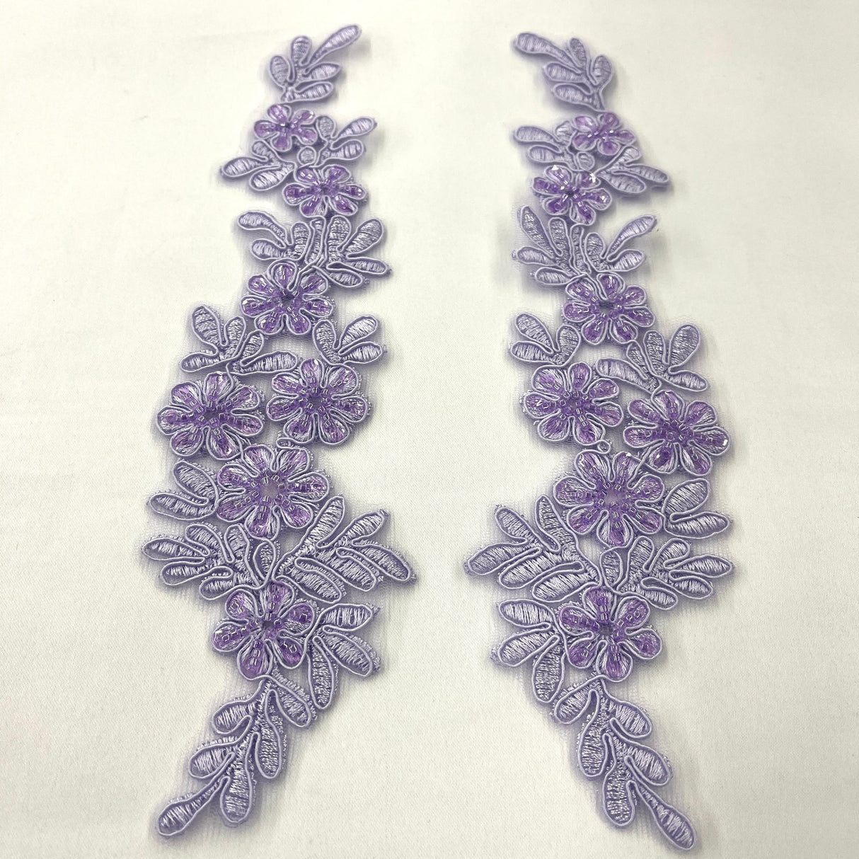 1 Pair 9.5" x 2" Each Side Beaded & Corded Floral Lace Applique Embroidered on 100% Polyester Net Mesh