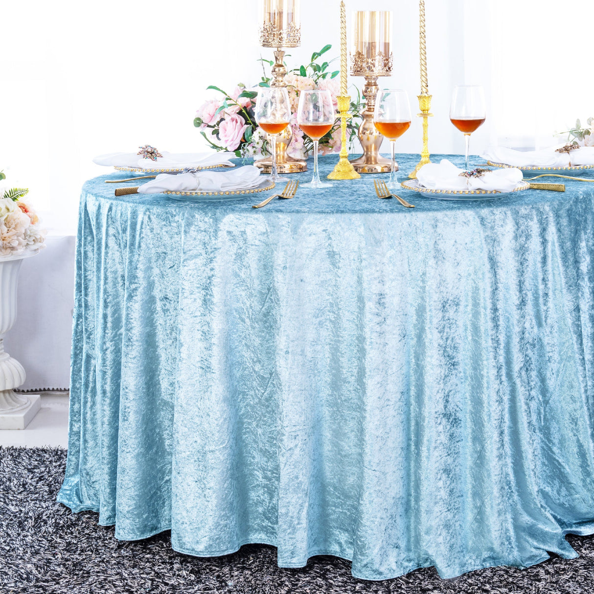 Round Crushed Velvet Tablecloth 132" Baby Blue