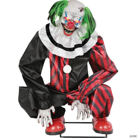 RADYAN Animated Crouching Clown Halloween Prop with Infra-Red Motion Sensor shown in a clear product image