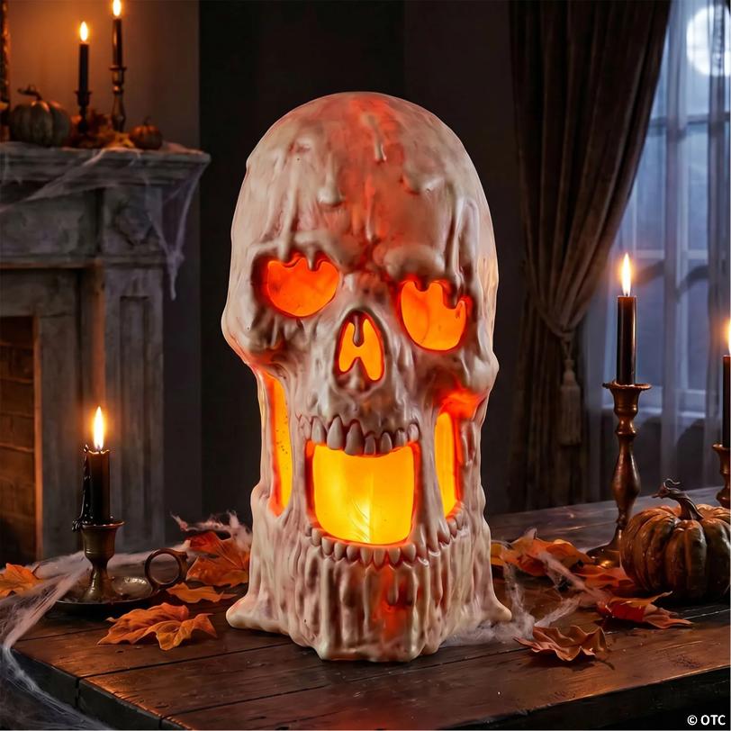 20" x 10 3/4" Light-Up Flaming Large Plastic Skull Halloween Tabletop Decoration