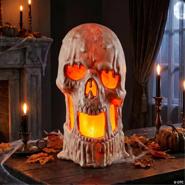 20" x 10 3/4" Light-Up Flaming Large Plastic Skull Halloween Tabletop Decoration
