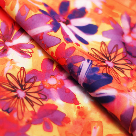 Crazy Daisy Polyester Spandex Fabric - Pink-Orange, Blue-Green Floral Print, 58-60" Width (1 Yard)