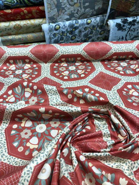 Wellman Decorative Lillian August Vintage Cotton Fabric - Red Floral Box, 57" Width, 9" Horizontal Repeat, 9" Vertical Repeat (1 Yard)