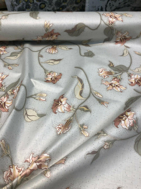 Louis Nichole Vintage Cotton Fabric - Gray Floral Pink Green Floral Design, 56" Width, 27" Horizontal Repeat, 30.5" Vertical Repeat (1 Yard)