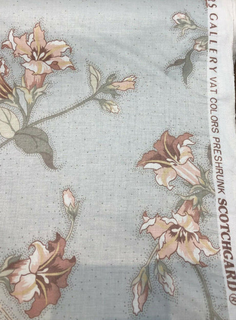 Louis Nichole Vintage Cotton Fabric - Gray Floral Pink Green Floral Design, 56" Width, 27" Horizontal Repeat, 30.5" Vertical Repeat (1 Yard)