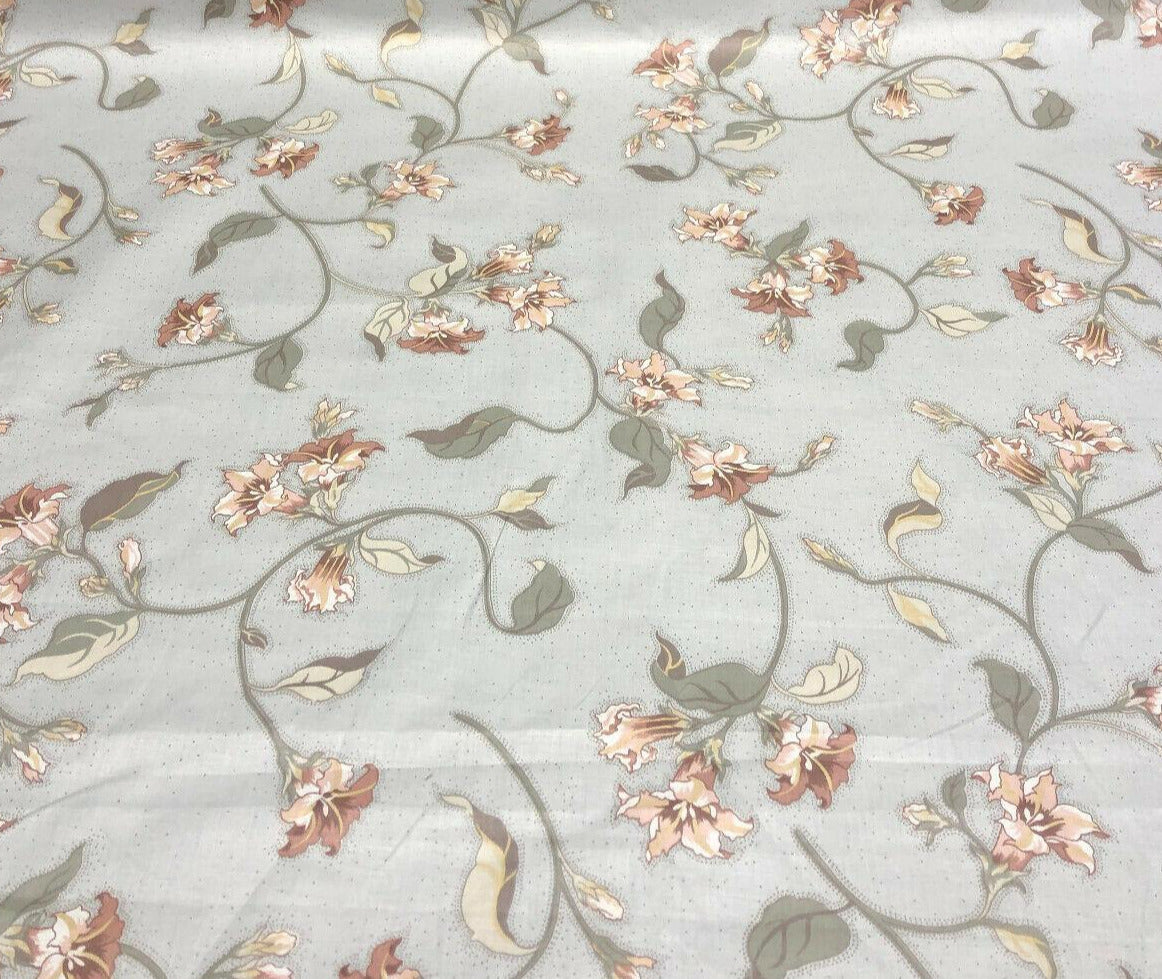 Louis Nichole Vintage Cotton Fabric - Gray Floral Pink Green Floral Design, 56" Width, 27" Horizontal Repeat, 30.5" Vertical Repeat (1 Yard)