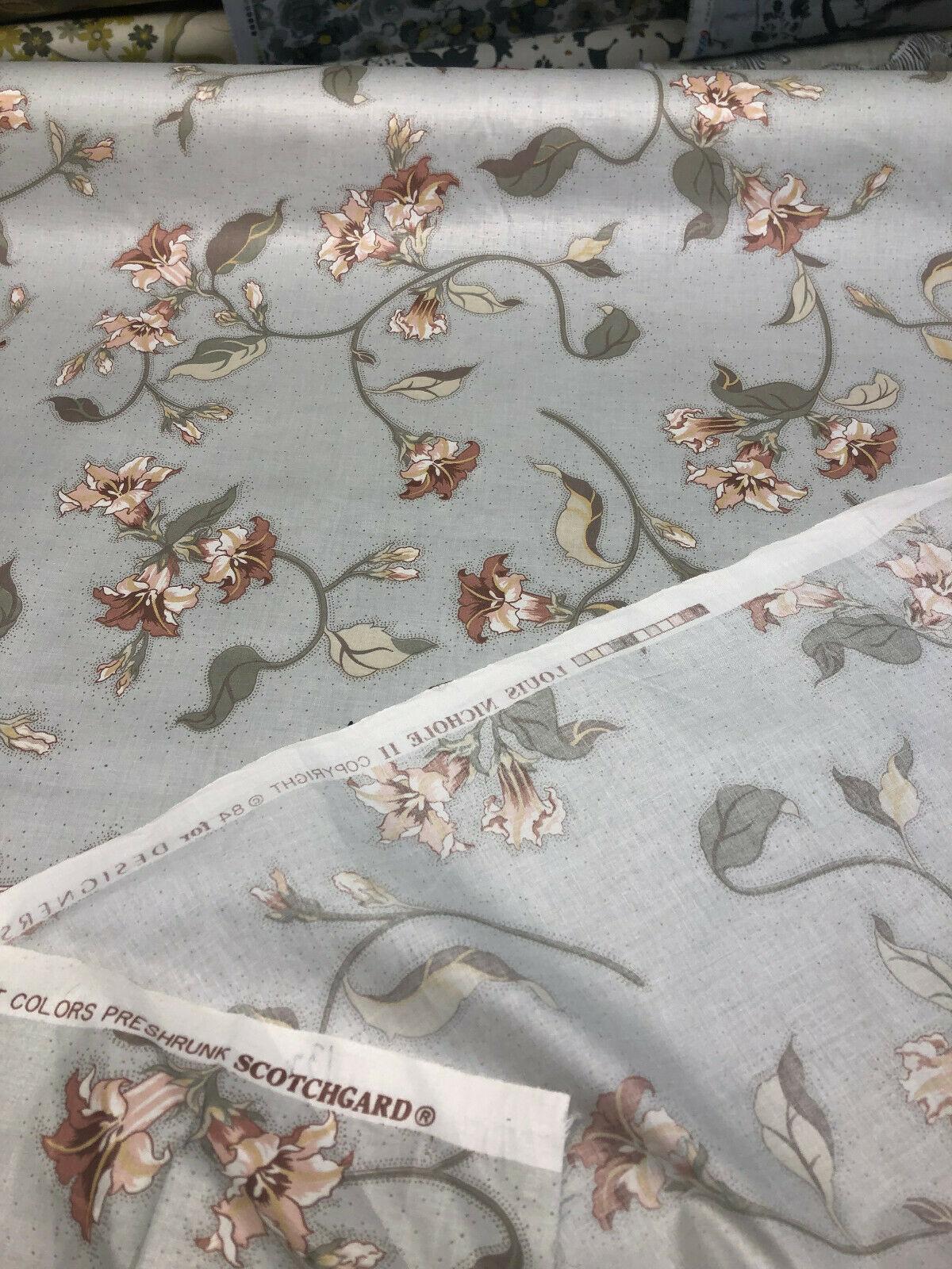 Louis Nichole Vintage Cotton Fabric - Gray Floral Pink Green Floral Design, 56" Width, 27" Horizontal Repeat, 30.5" Vertical Repeat (1 Yard)