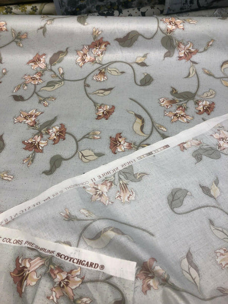 Louis Nichole Vintage Cotton Fabric - Gray Floral Pink Green Floral Design, 56" Width, 27" Horizontal Repeat, 30.5" Vertical Repeat (1 Yard)